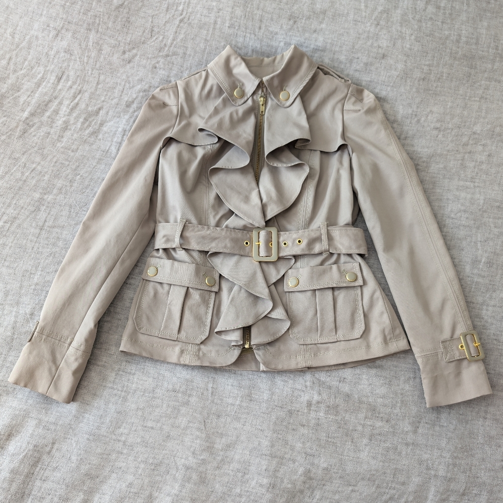 Anthropologie Elevenses Femme Trench Jacket Neutral Motif Size 0 - Picture 2 of 16